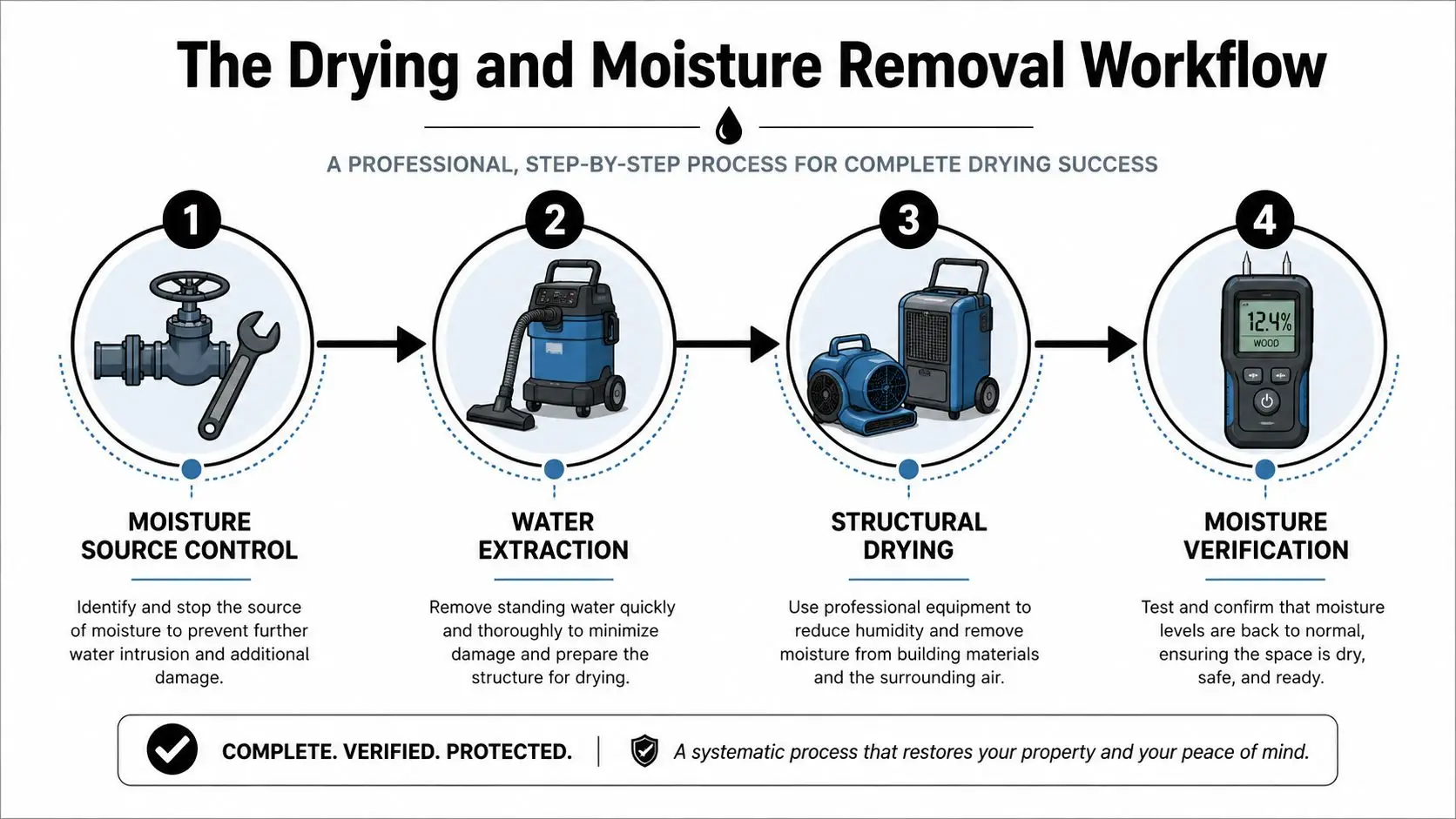 A four-step infographic illustrating the professional drying and moisture removal process for water damage restoration.