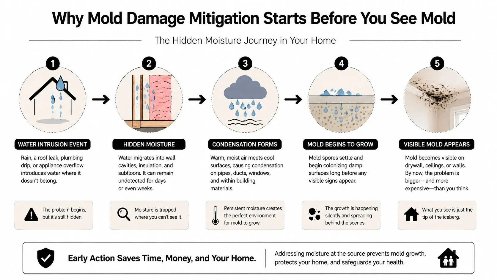 A diagram illustrating the five stages of moisture leading to visible mold growth in a home.