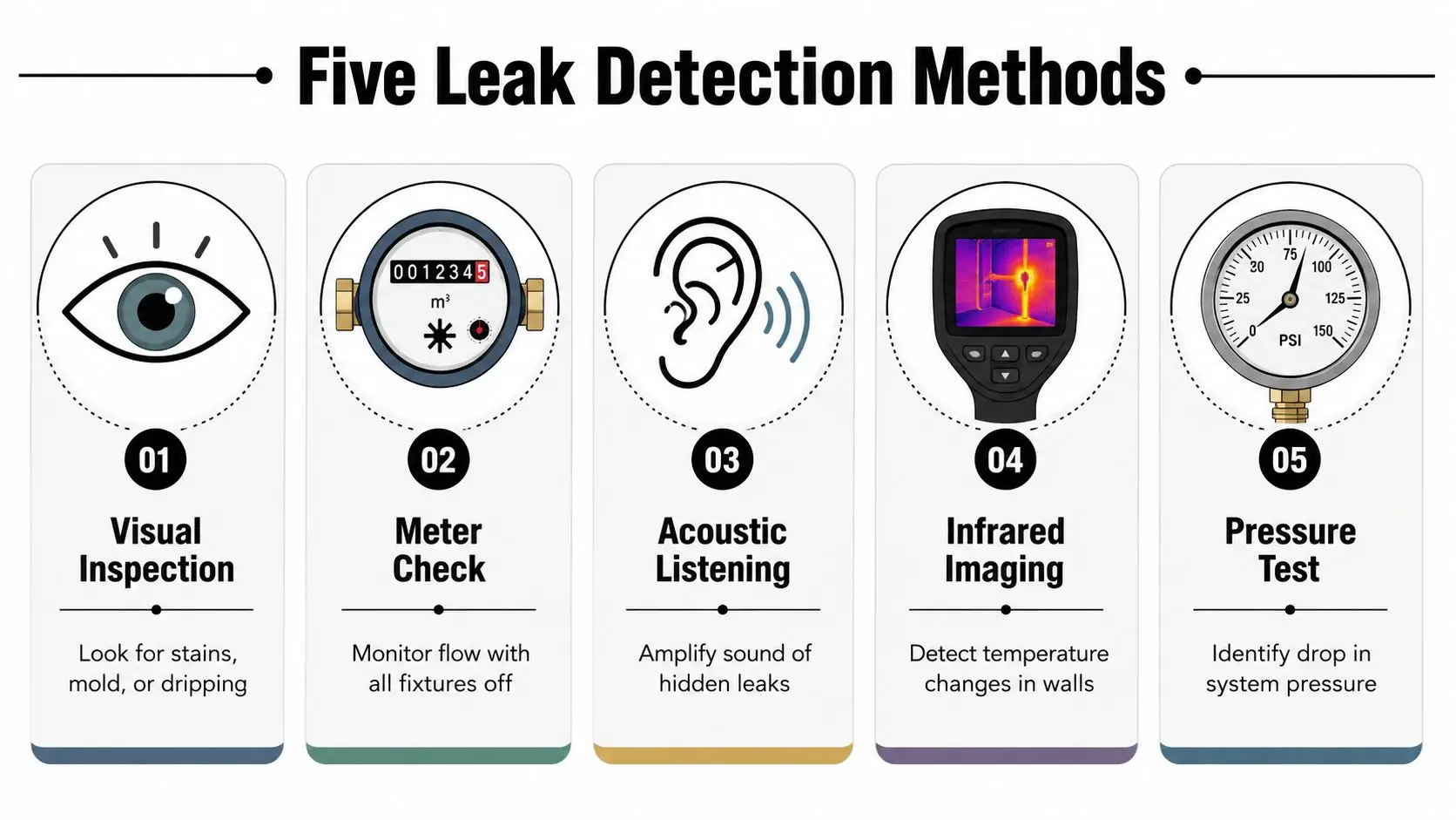 An infographic detailing five common plumbing leak detection methods, including visual inspection, meter checks, acoustic listening, infrared, and pressure tests.