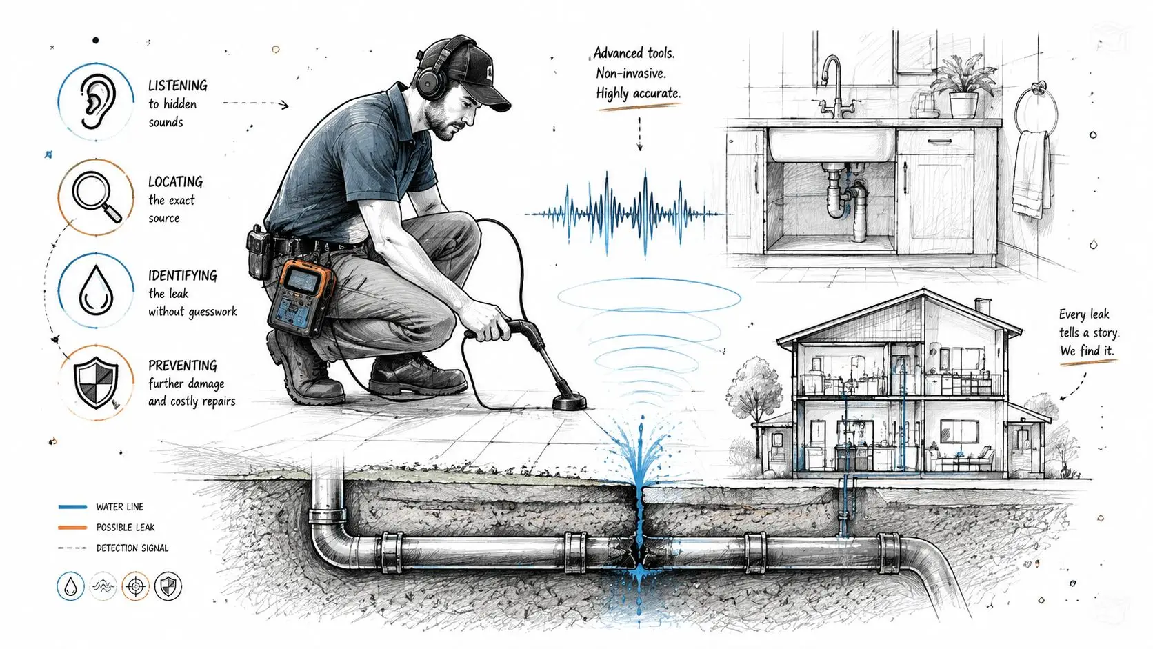 A professional technician using advanced electronic equipment to accurately locate a hidden underground water pipe leak.