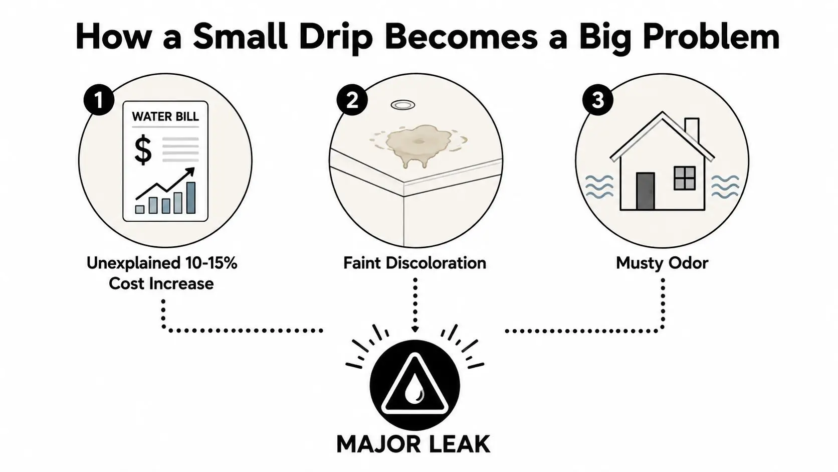 An infographic illustrating three common signs of a plumbing leak, including rising water bills and water damage.