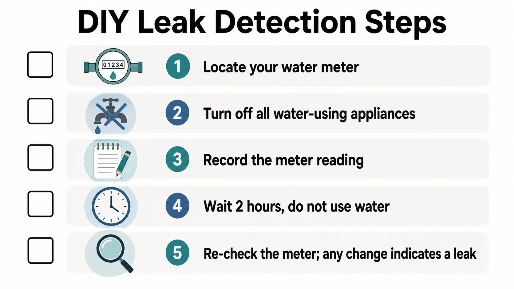An infographic showing five numbered steps for DIY water leak detection using a household water meter.