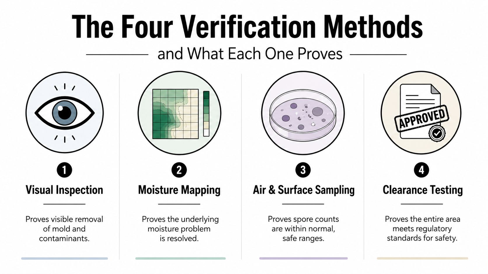 An infographic detailing the four essential verification methods for confirming effective mold remediation in indoor environments.