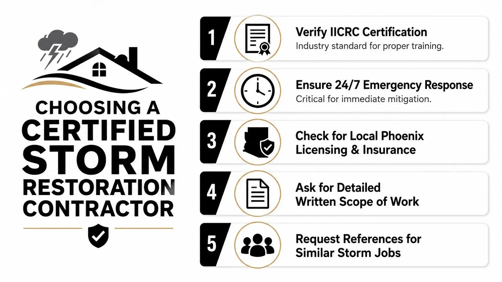 A checklist infographic illustrating five key steps for selecting a professional storm damage restoration contractor in Phoenix.