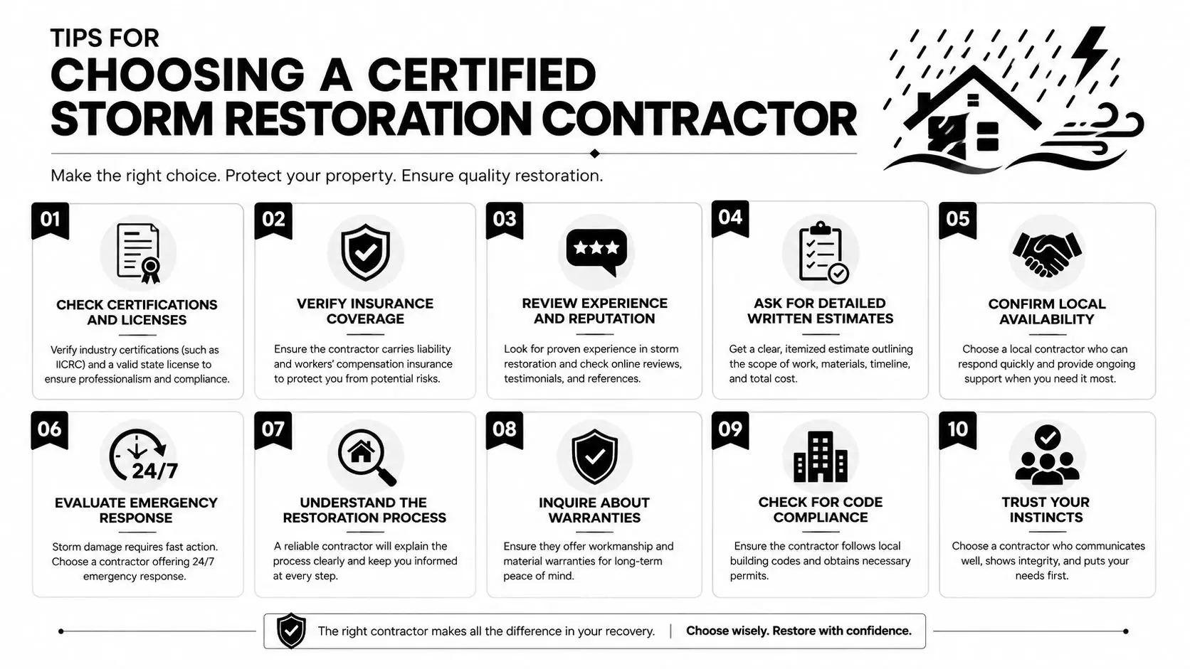 An infographic titled tips for choosing a certified storm restoration contractor with ten numbered steps for homeowners.