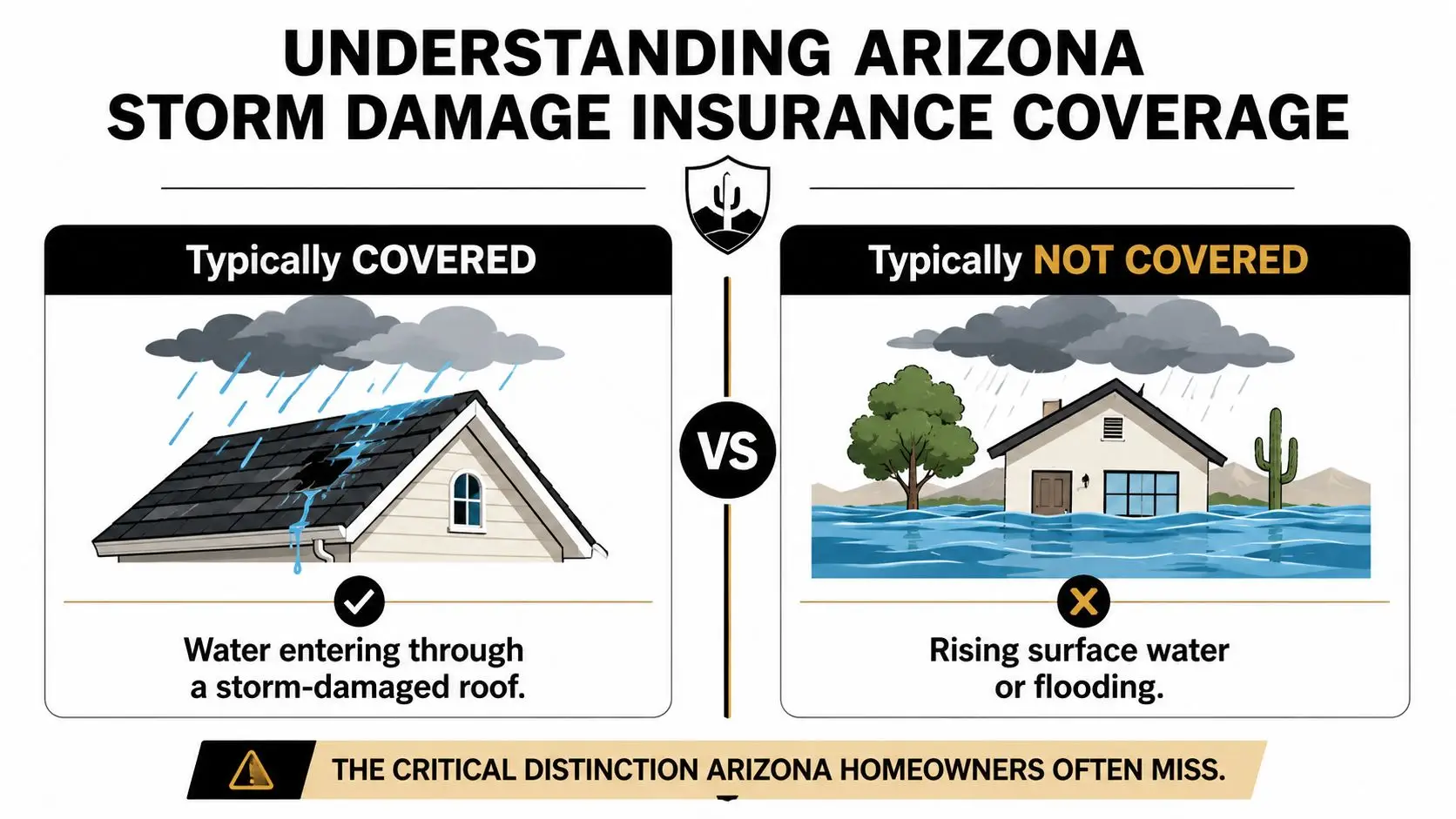 An infographic illustrating Arizona storm damage insurance coverage, differentiating between roof leaks and flood damage.
