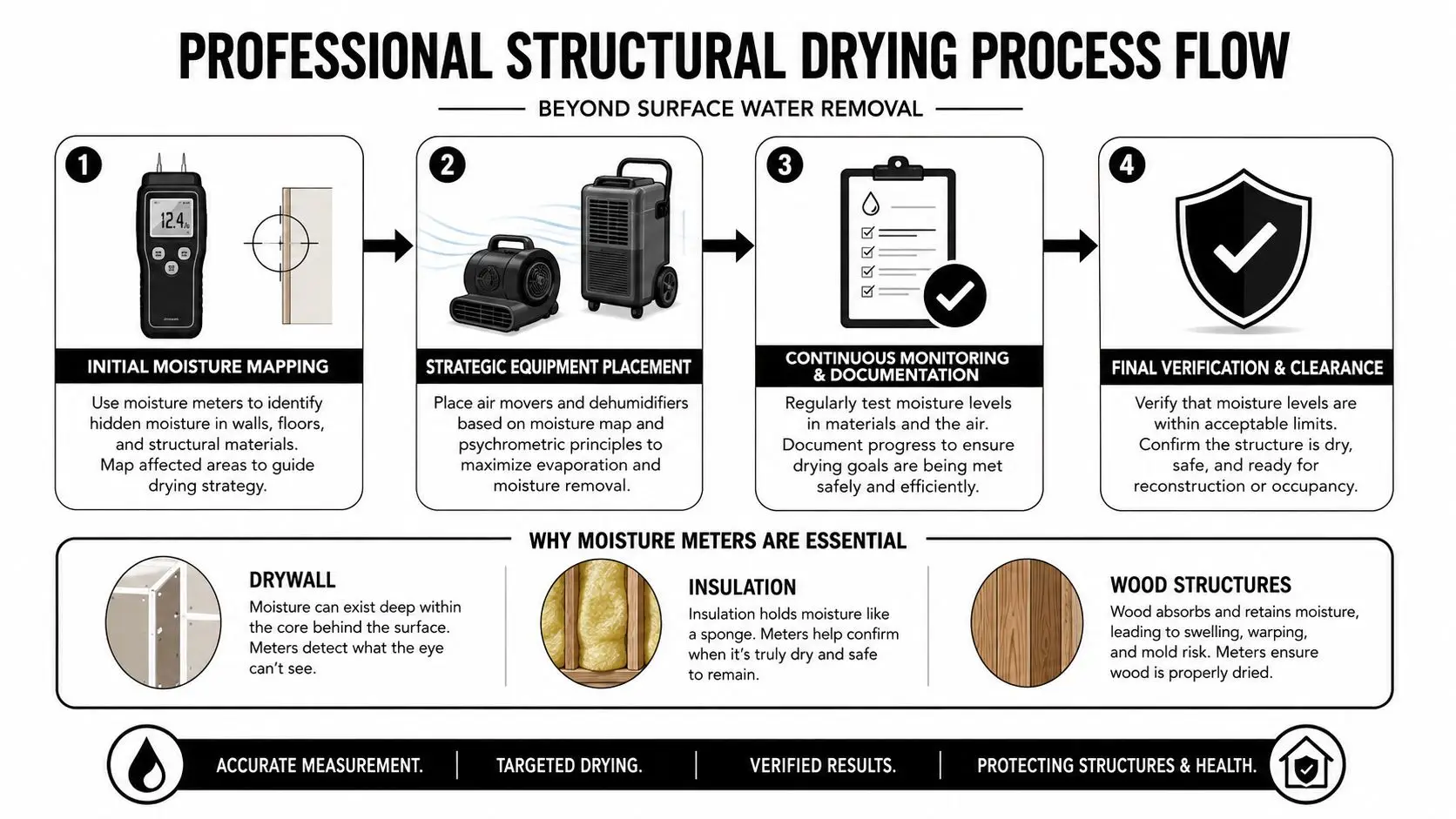 A professional infographic detailing the four steps of structural drying and why moisture meters are essential.