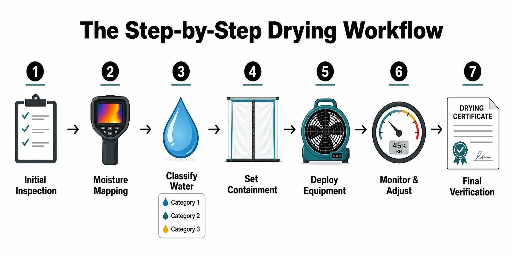 A diagram illustrating the seven-step drying workflow for professional structural restoration and water damage mitigation.