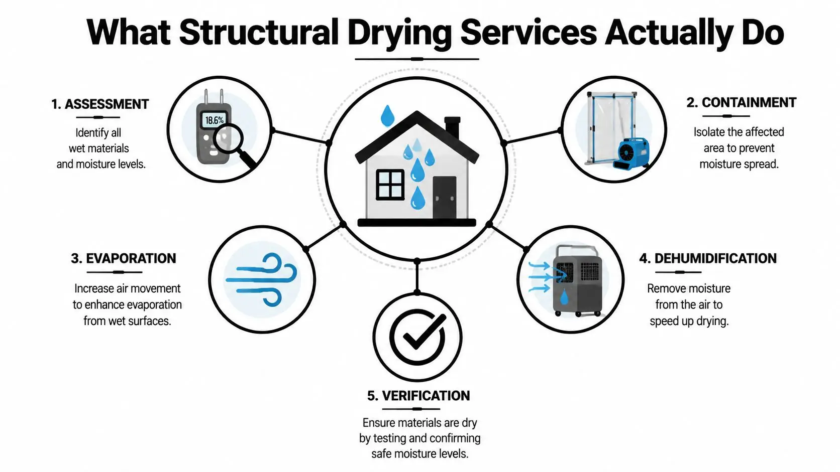 An infographic showing the five steps of professional structural drying services for water damaged properties.