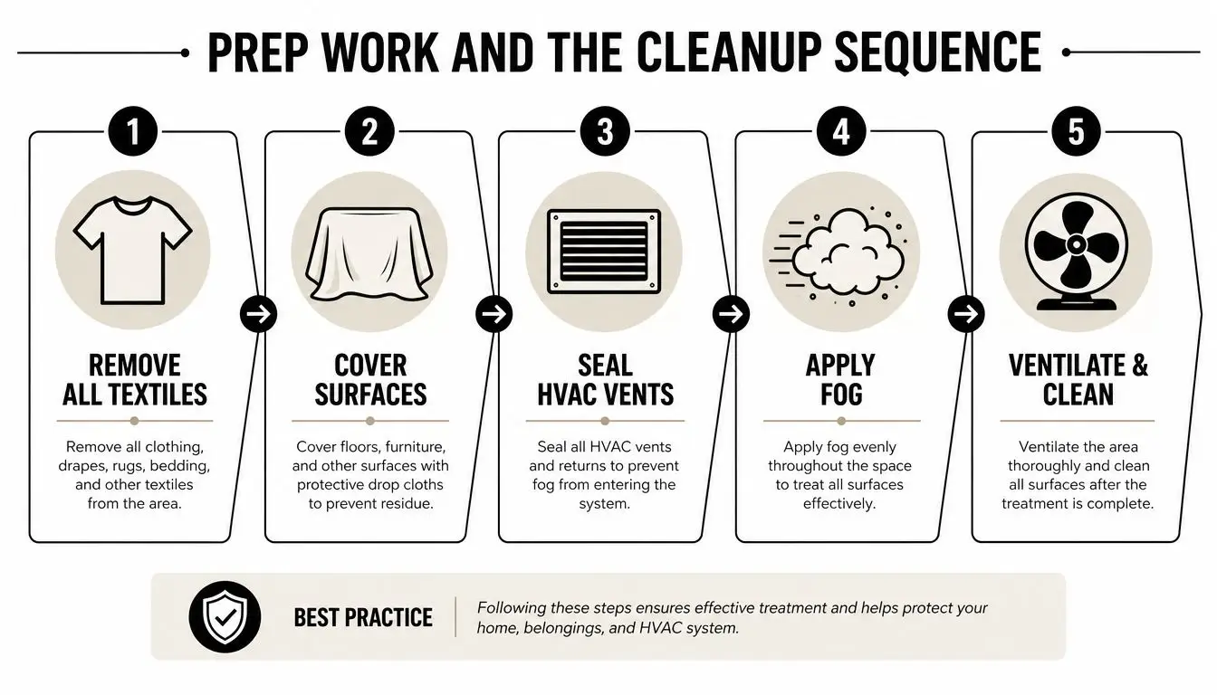 A five-step infographic illustrating the professional preparation and cleanup sequence for thermal fogging odor removal.