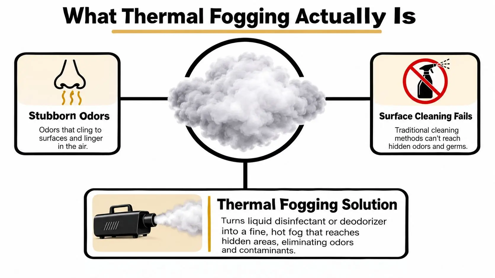 An infographic explaining thermal fogging as an effective way to remove stubborn odors and hidden contaminants.