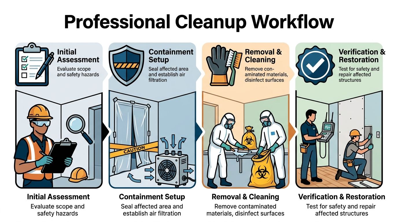 An infographic showing the four steps of a professional cleanup workflow for hazardous environments and restoration.