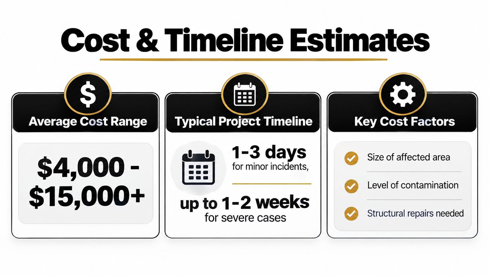 An infographic showing the cost ranges, project timelines, and key factors for unattended death cleanup services.