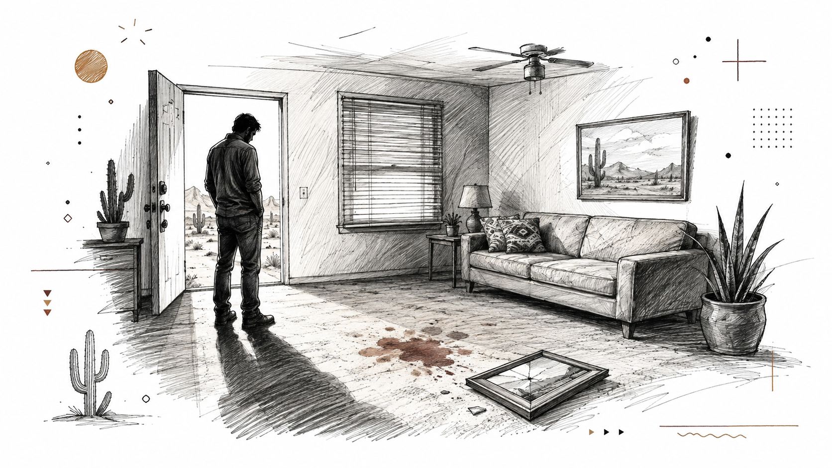 A man stands in a doorway looking into a living room with a blood stain and broken frame.