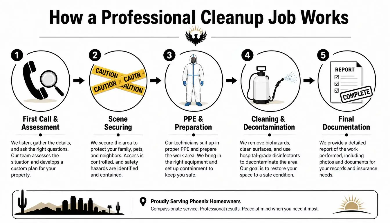 A professional infographic showing the five-step process for a residential biohazard cleanup and decontamination job.