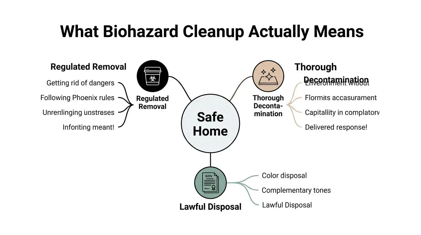 A diagram illustrating the three essential components of biohazard cleanup for a safe home environment.