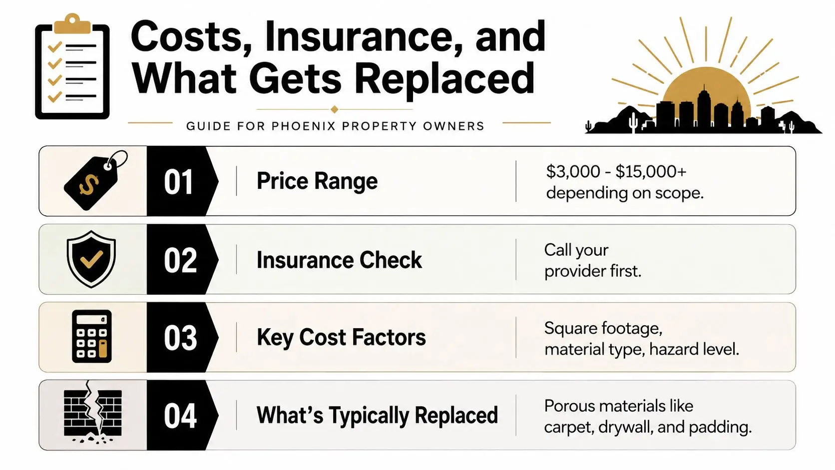 An infographic titled Costs, Insurance, and What Gets Replaced for property owners in Phoenix, Arizona.