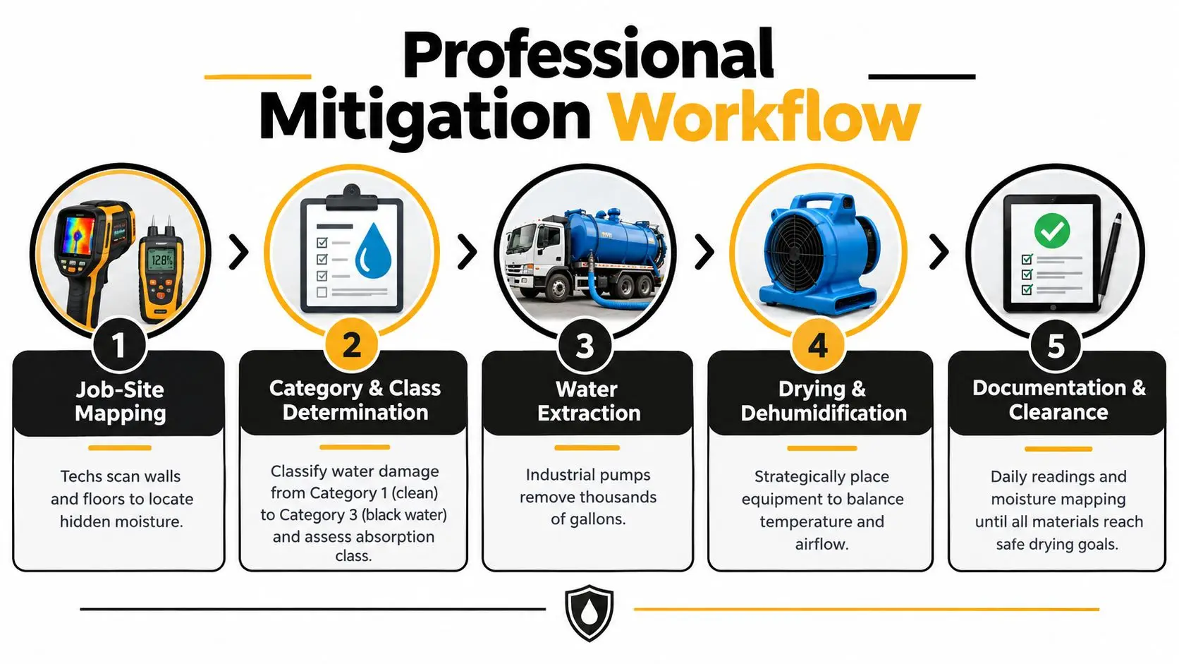 A professional five-step water damage mitigation workflow infographic outlining the process from site mapping to documentation.