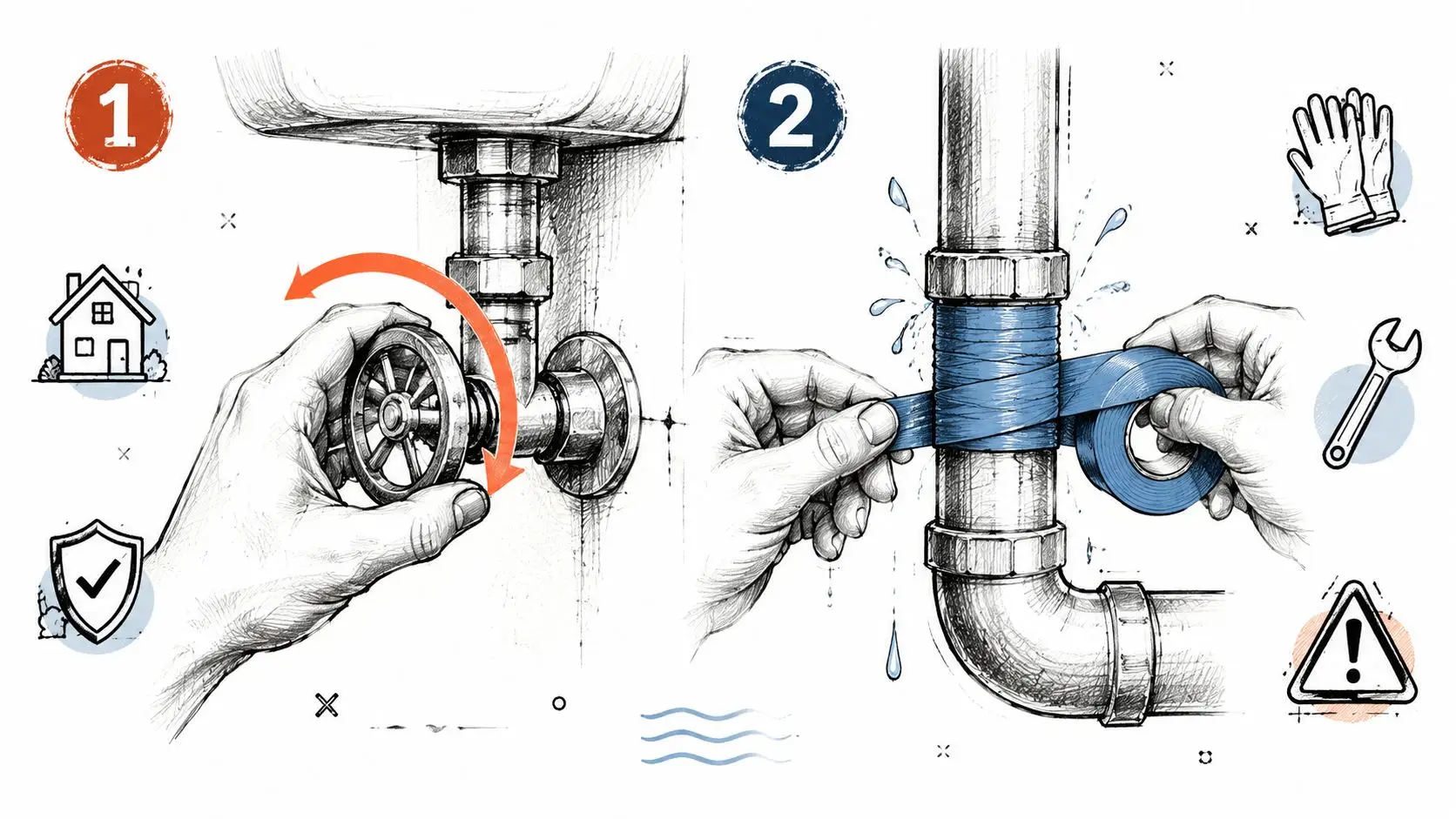 A dual-step illustration demonstrating the process of fixing a leak by shutting off water and applying tape.