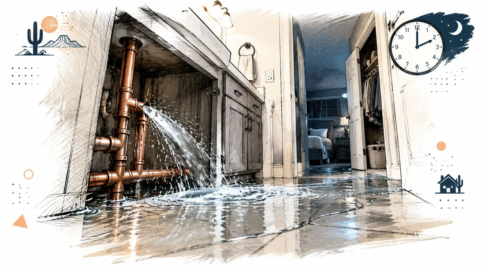 A digital illustration showing a burst pipe leaking water in a home bathroom at night.