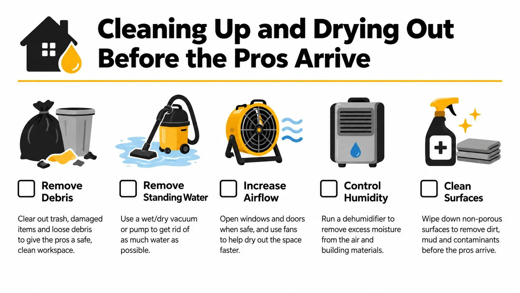 A checklist graphic illustrating essential steps for cleaning and drying a home after water damage occurs.