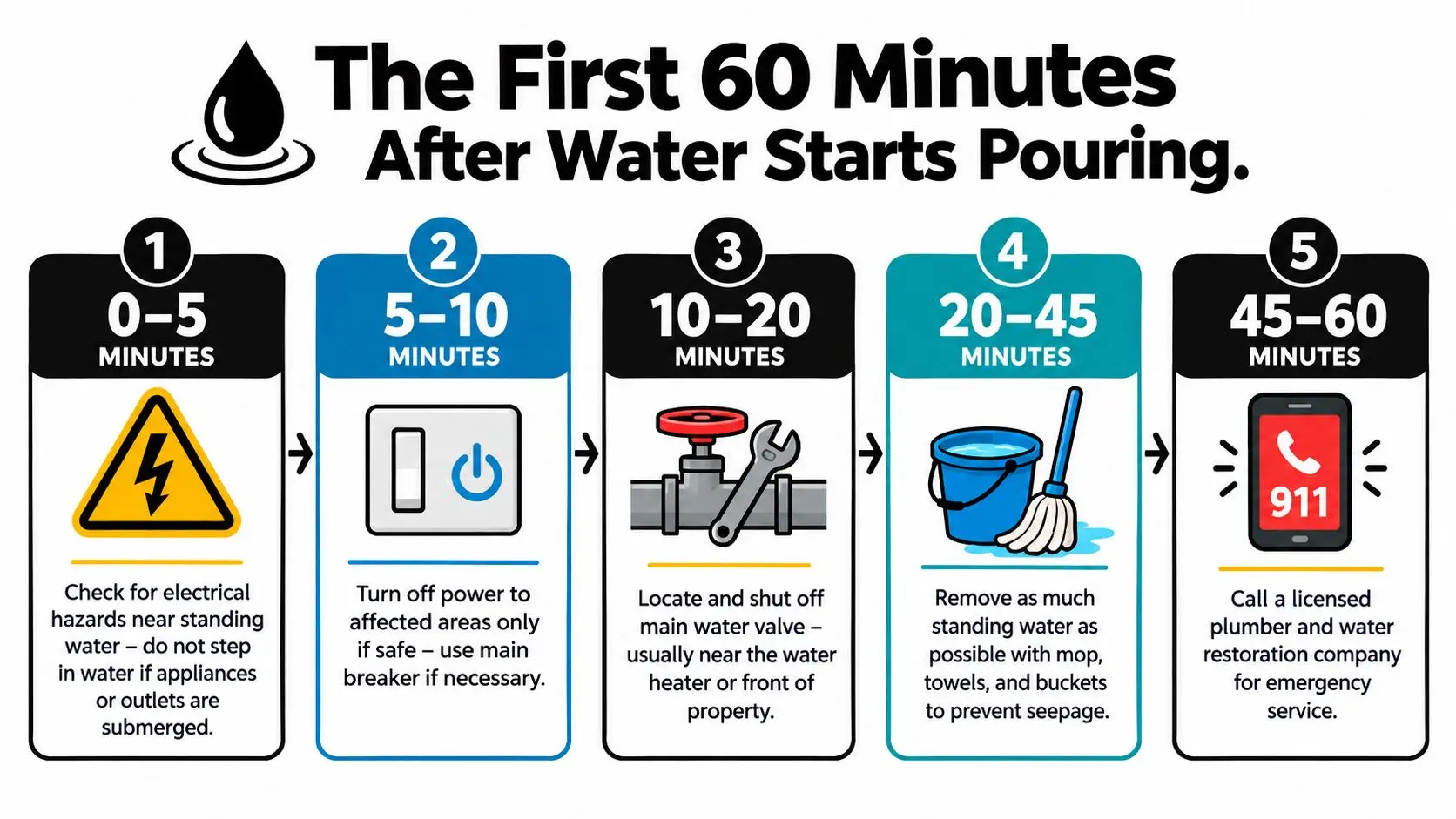 An infographic showing steps to take during the first 60 minutes after a water pipe bursts.