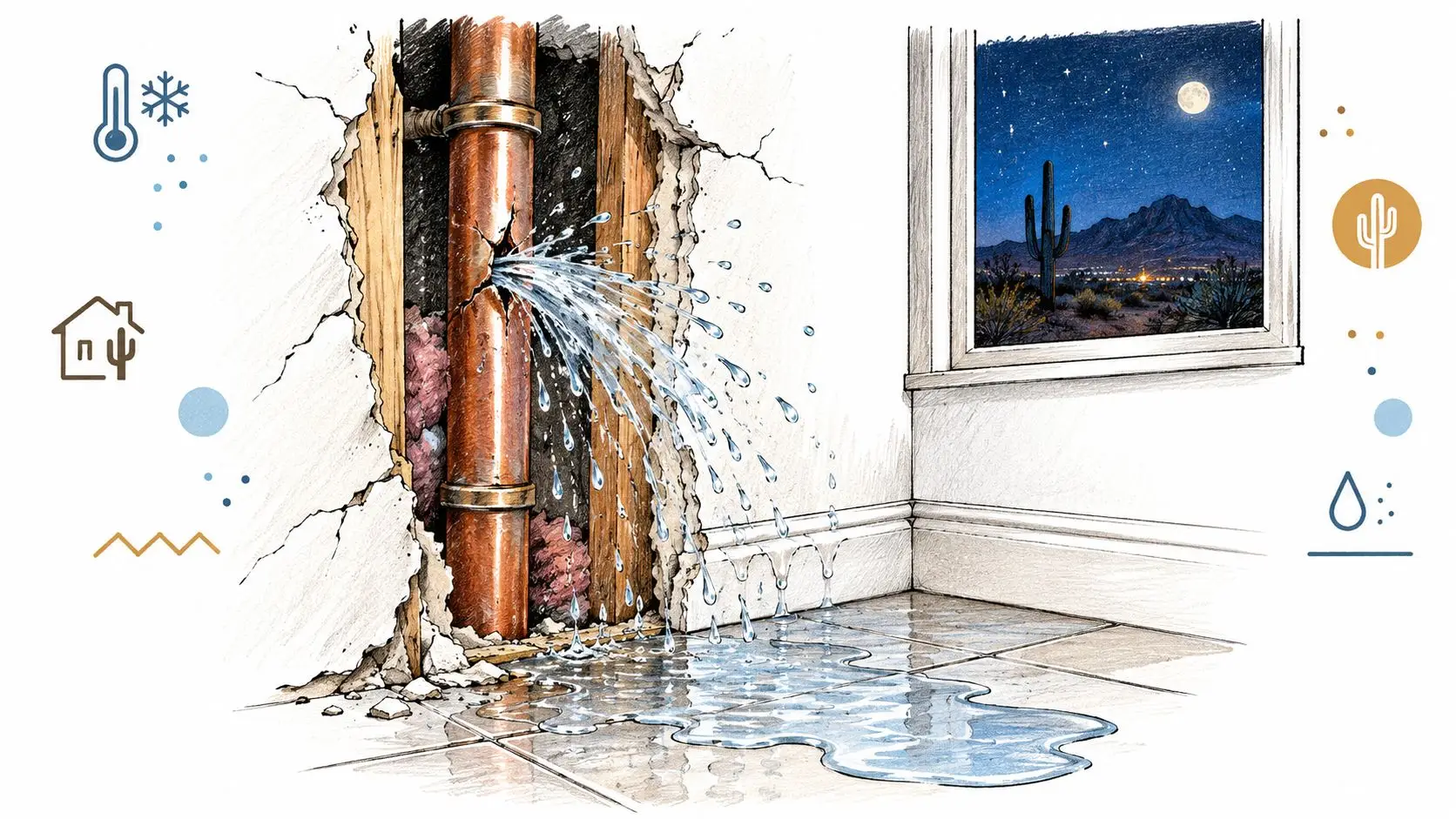 A detailed illustration showing a copper pipe bursting inside a wall, causing water damage to the floor.