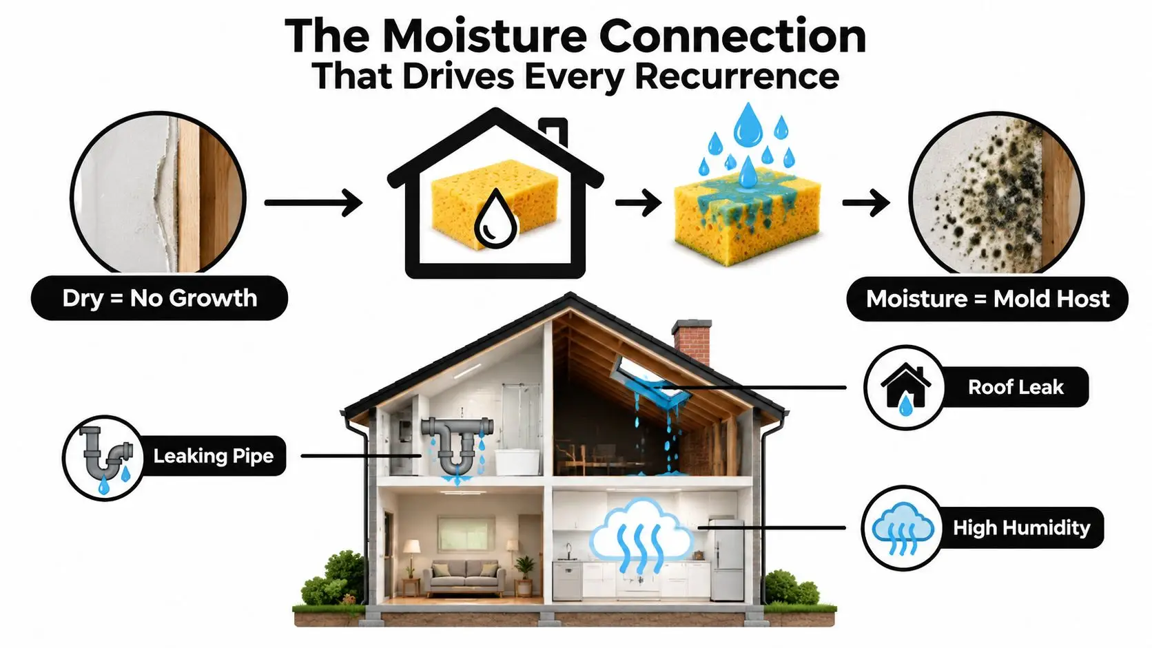 An infographic illustrating how moisture intrusion causes mold recurrence in homes through leaks and humidity issues.