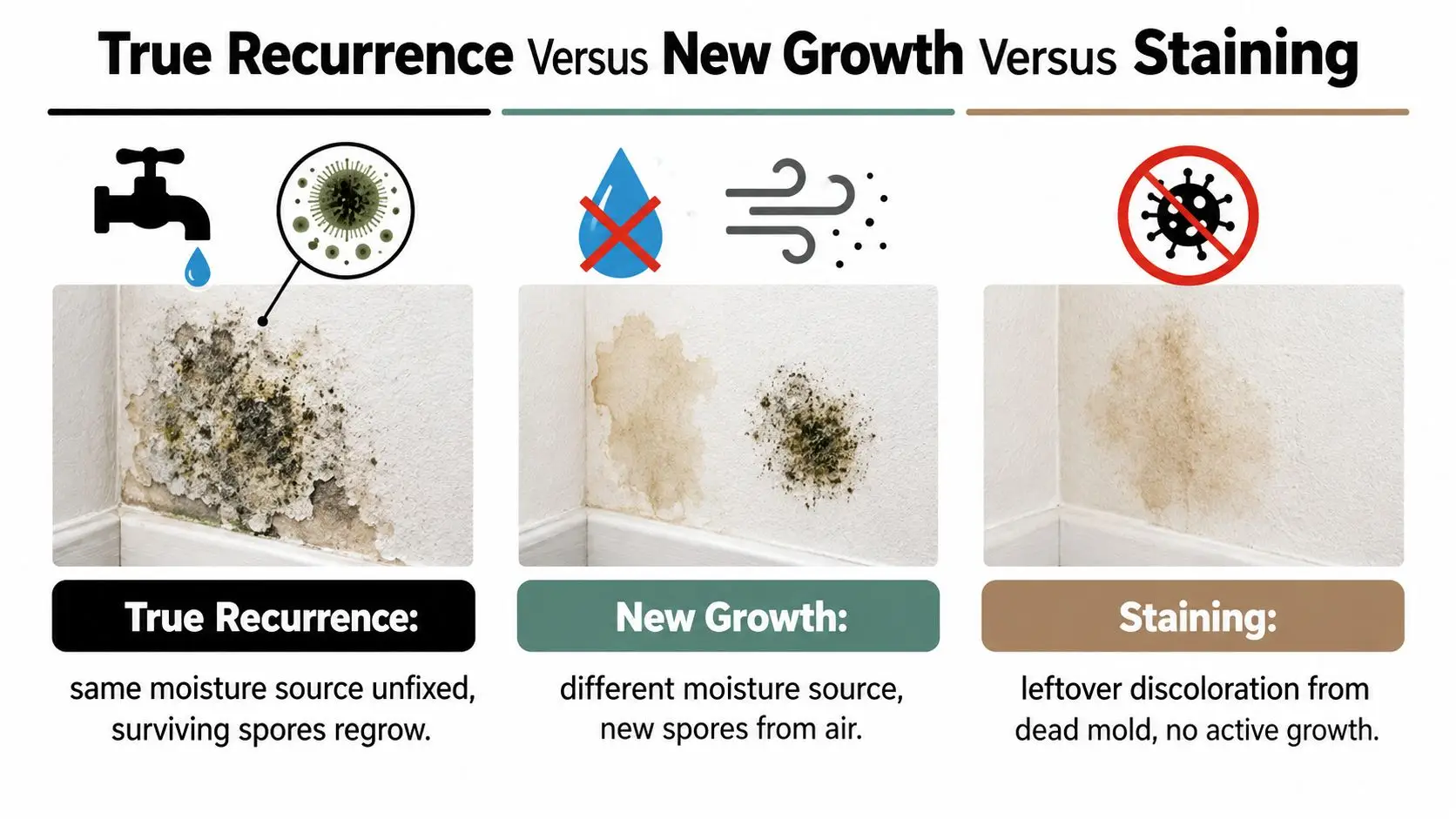 An infographic comparing true mold recurrence, new mold growth, and leftover staining on a wall surface.