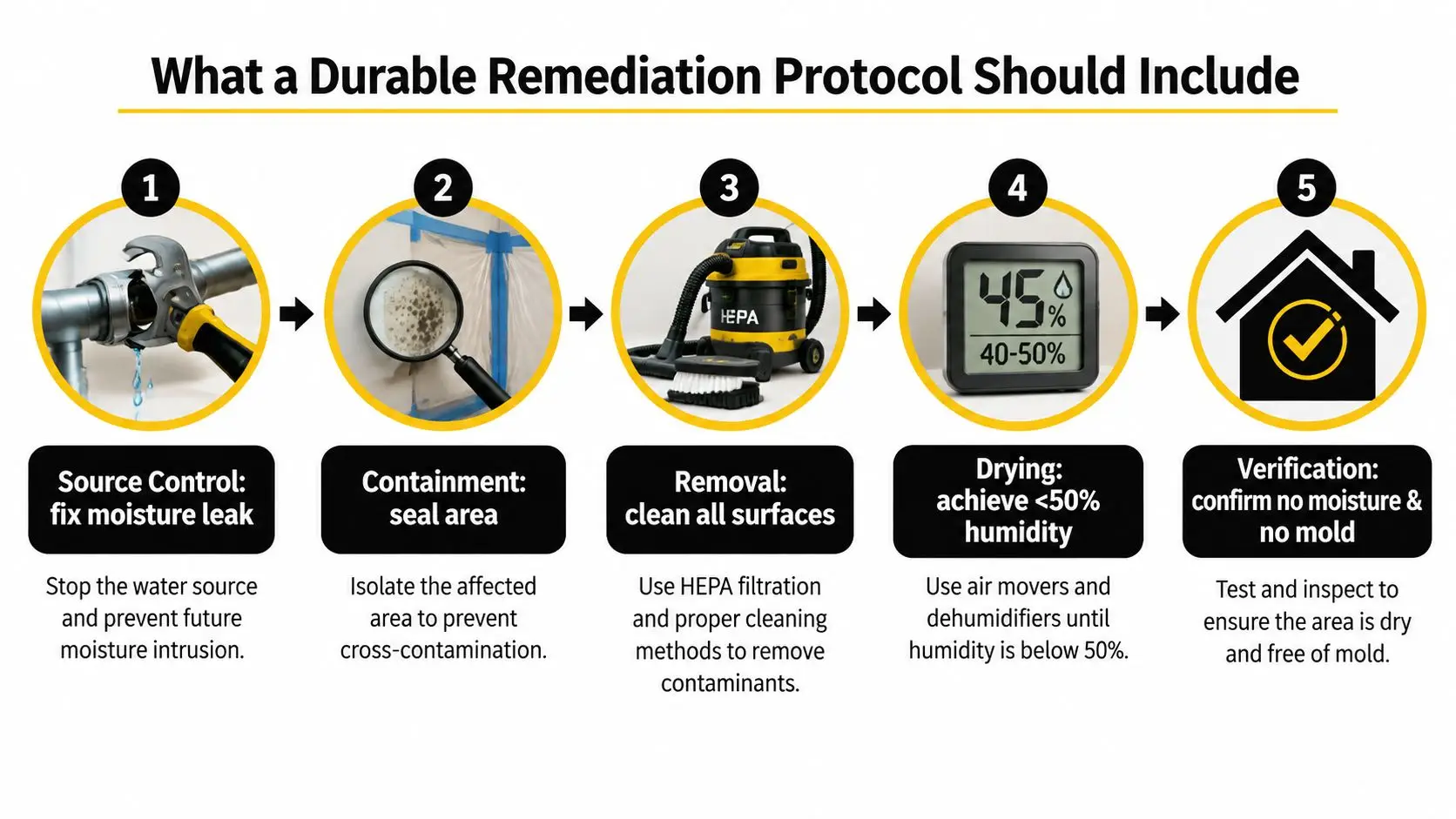 A five-step infographic showing the durable remediation process for removing mold and moisture in a home.