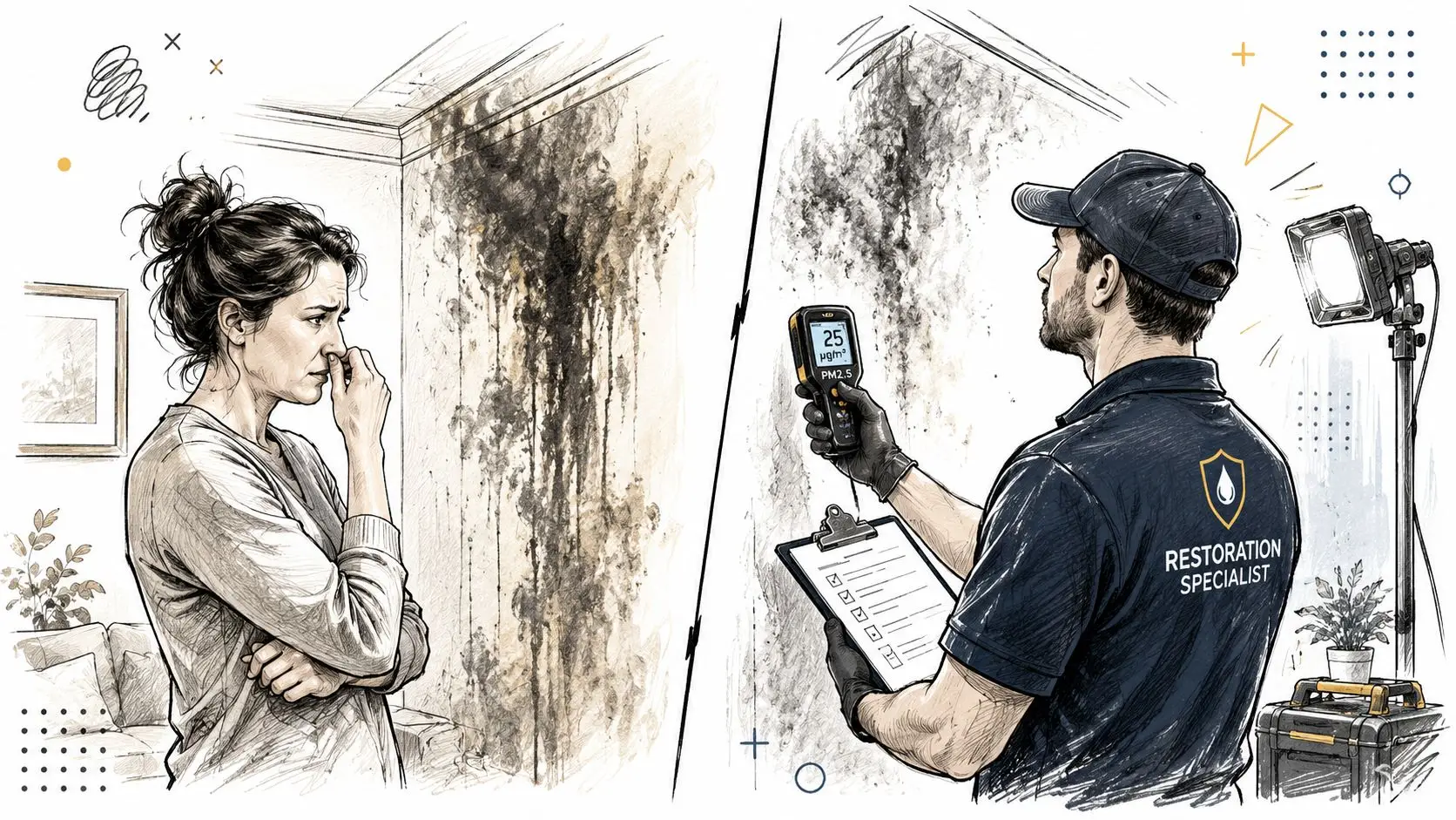 A concerned homeowner observing mold damage while a restoration specialist inspects air quality with professional equipment.