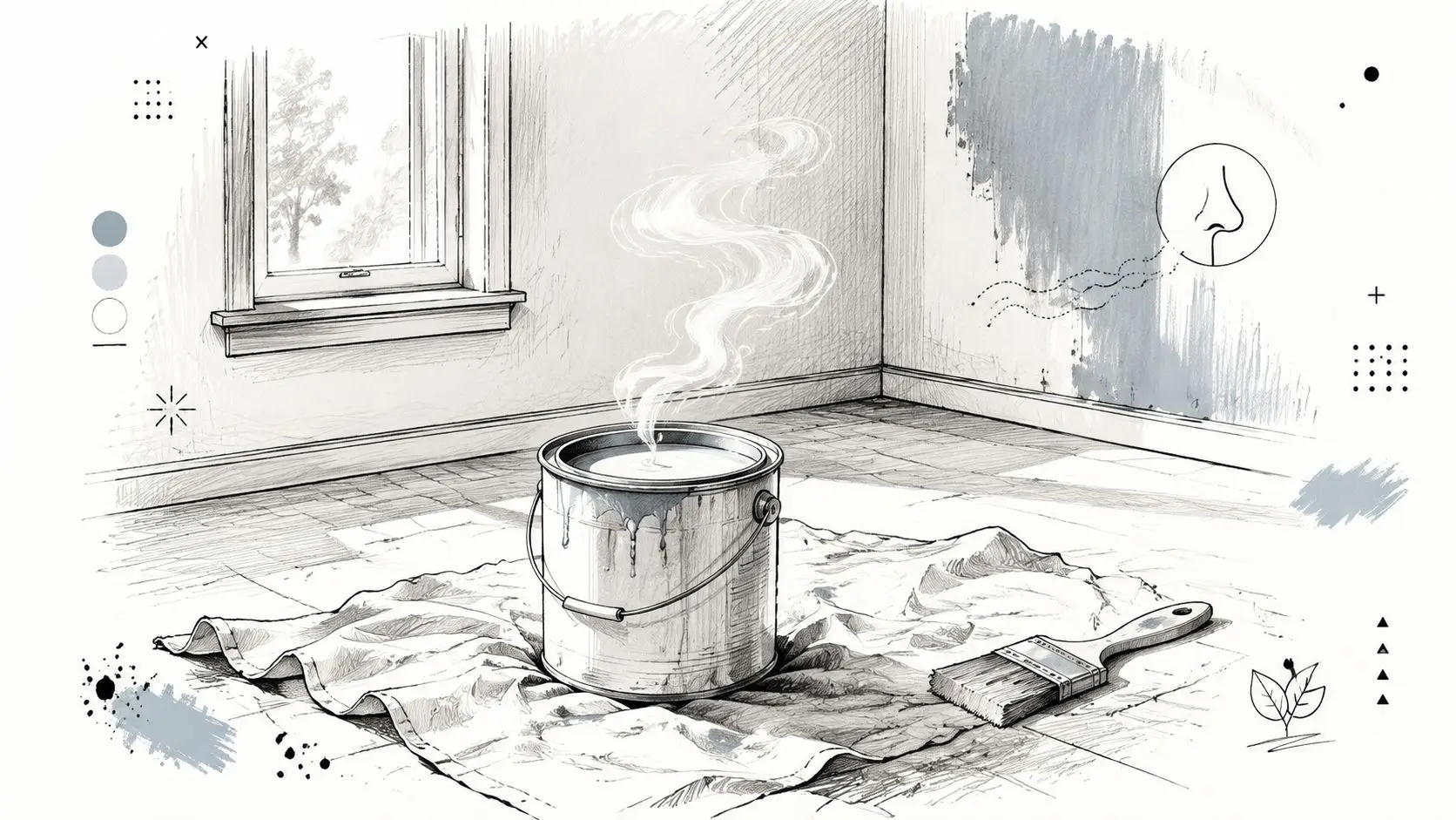 A paint can with fumes in a room, illustrating the issue of strong chemical odor removal.