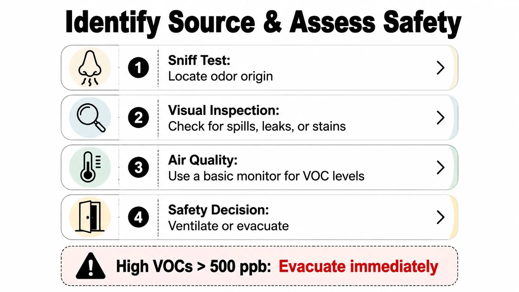An instructional infographic detailing a four-step process to identify chemical odor sources and assess air safety.