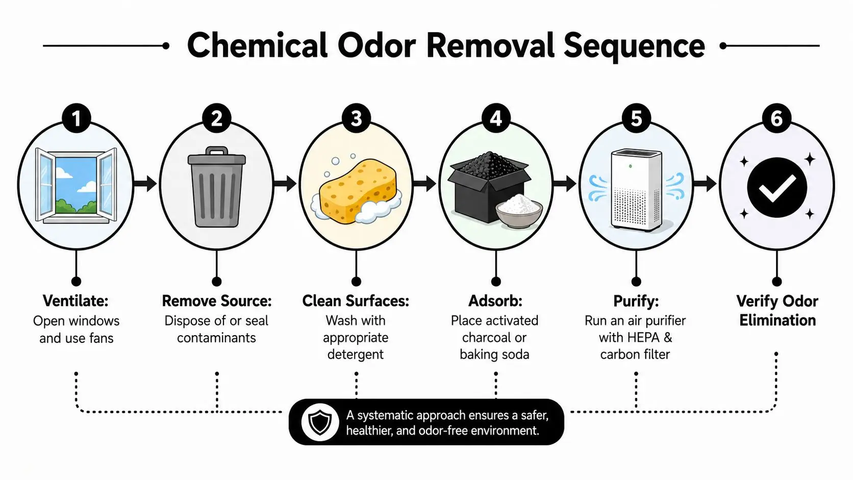 A six-step infographic illustrating a systematic sequence for removing chemical odors from an indoor environment.