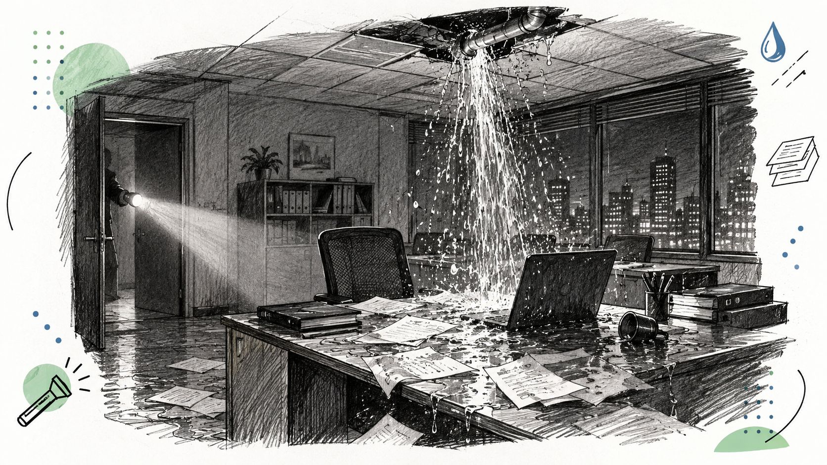 An office with a ceiling pipe burst, causing heavy water damage over desks and computer equipment.