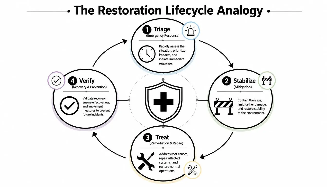 A diagram illustrating the four steps of the restoration lifecycle: Triage, Stabilize, Treat, and Verify.