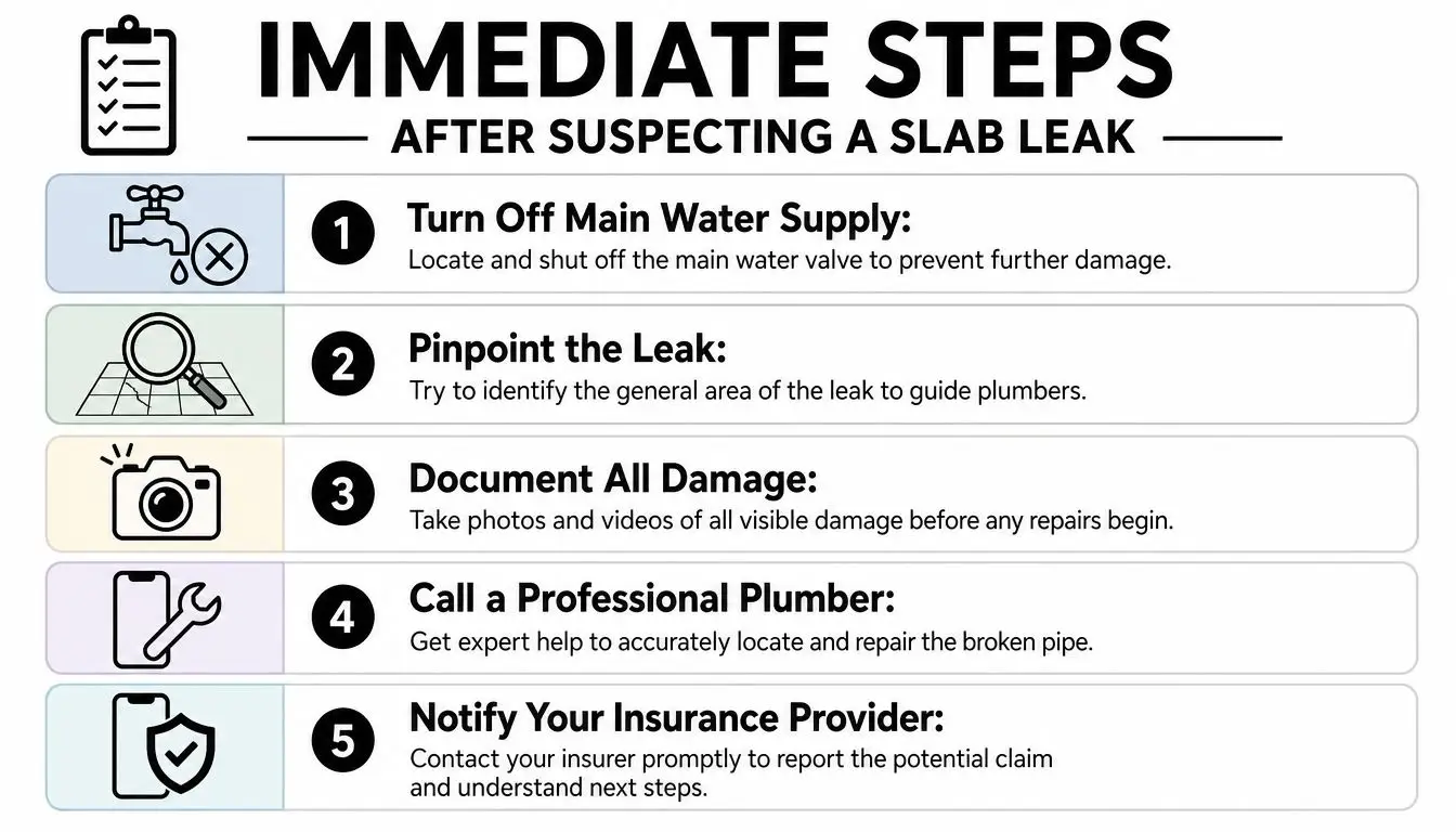 A helpful infographic listing five immediate steps to take if you suspect a slab leak in home.