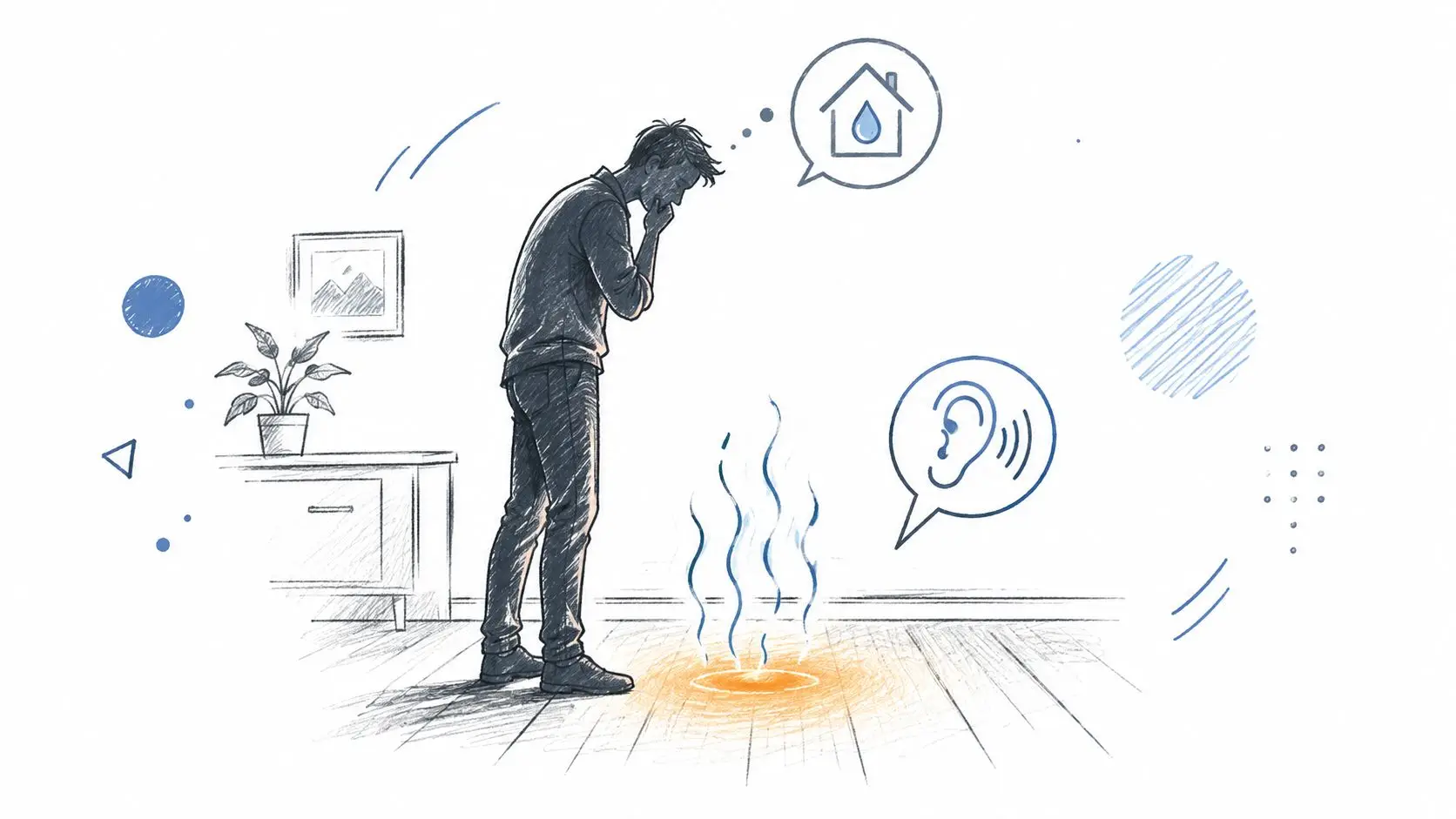 A man standing in a room looking concerned at a glowing spot on the floor, indicating potential leaks.