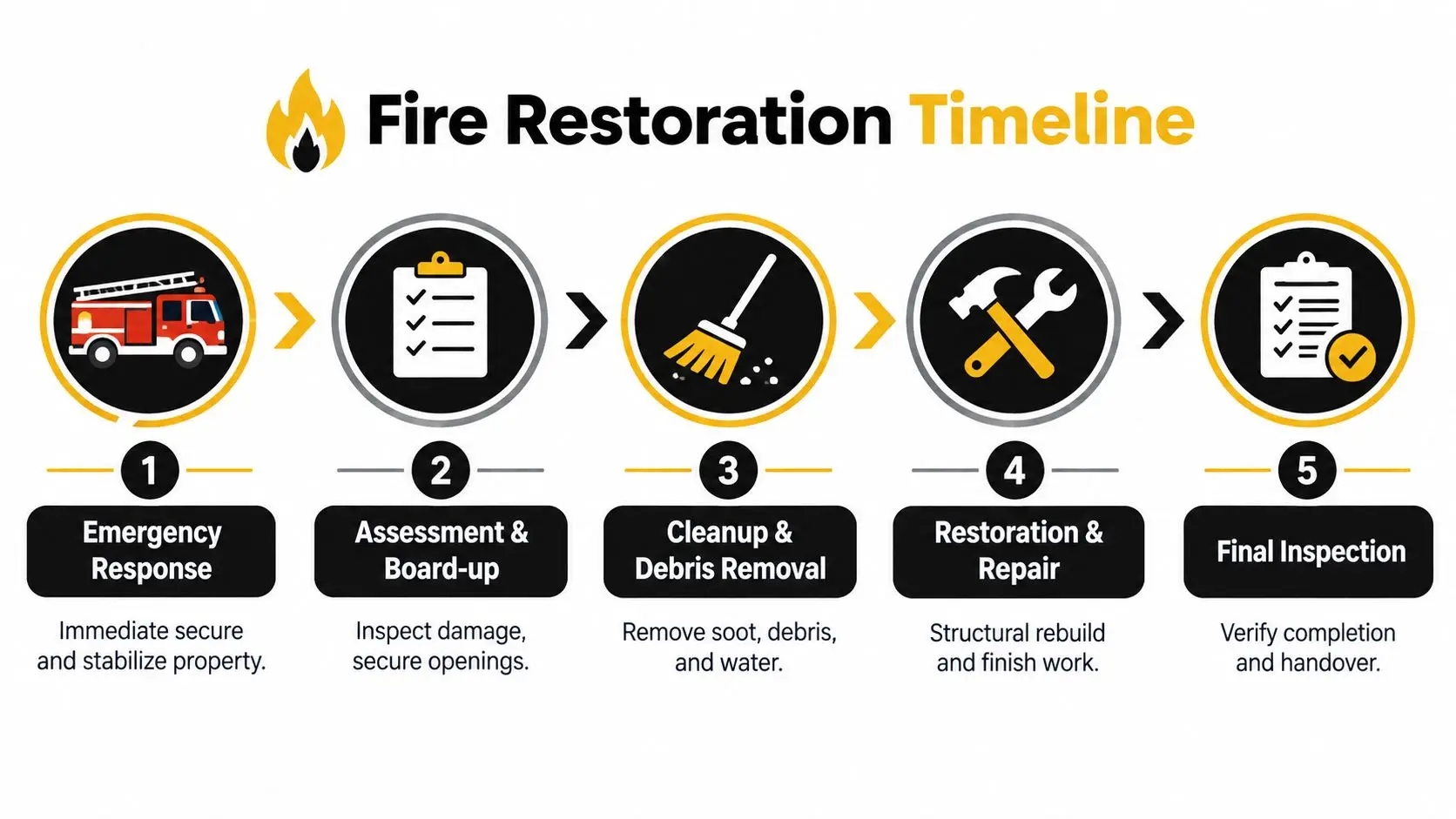 A five-step infographic showing the Fire Restoration Timeline process from emergency response to final inspection.
