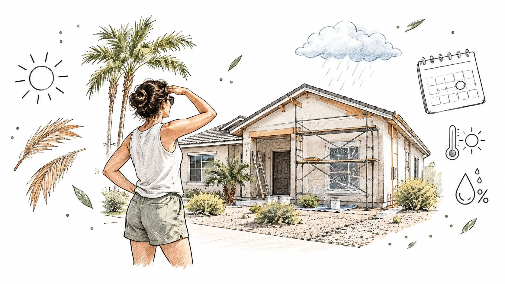 A woman looks at her home undergoing exterior restoration with weather icons showing planning factors.