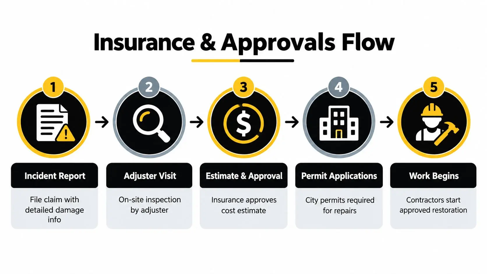 A five-step flowchart titled Insurance and Approvals Flow showing the process from reporting damage to starting restoration.