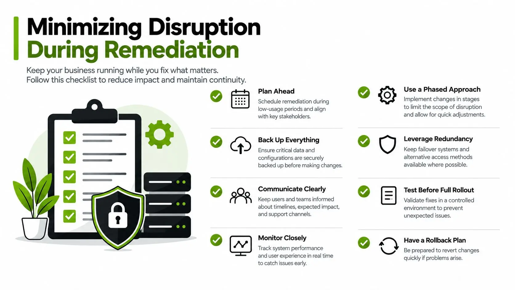A checklist infographic outlining strategies to minimize business operational disruption during remediation and technical maintenance processes.