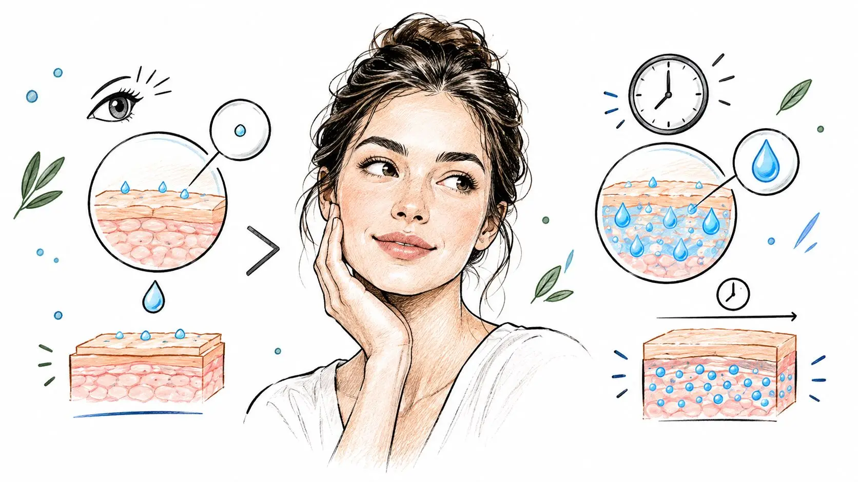 A conceptual illustration showing skin hydration before and after applying a product over time.