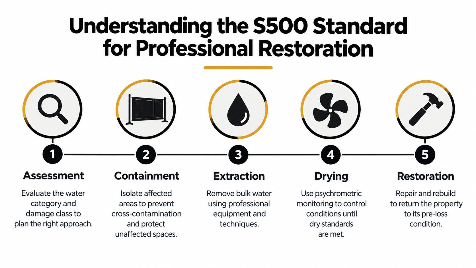 A five-step infographic illustrating the IICRC S500 standard process for professional water damage restoration and repair services.