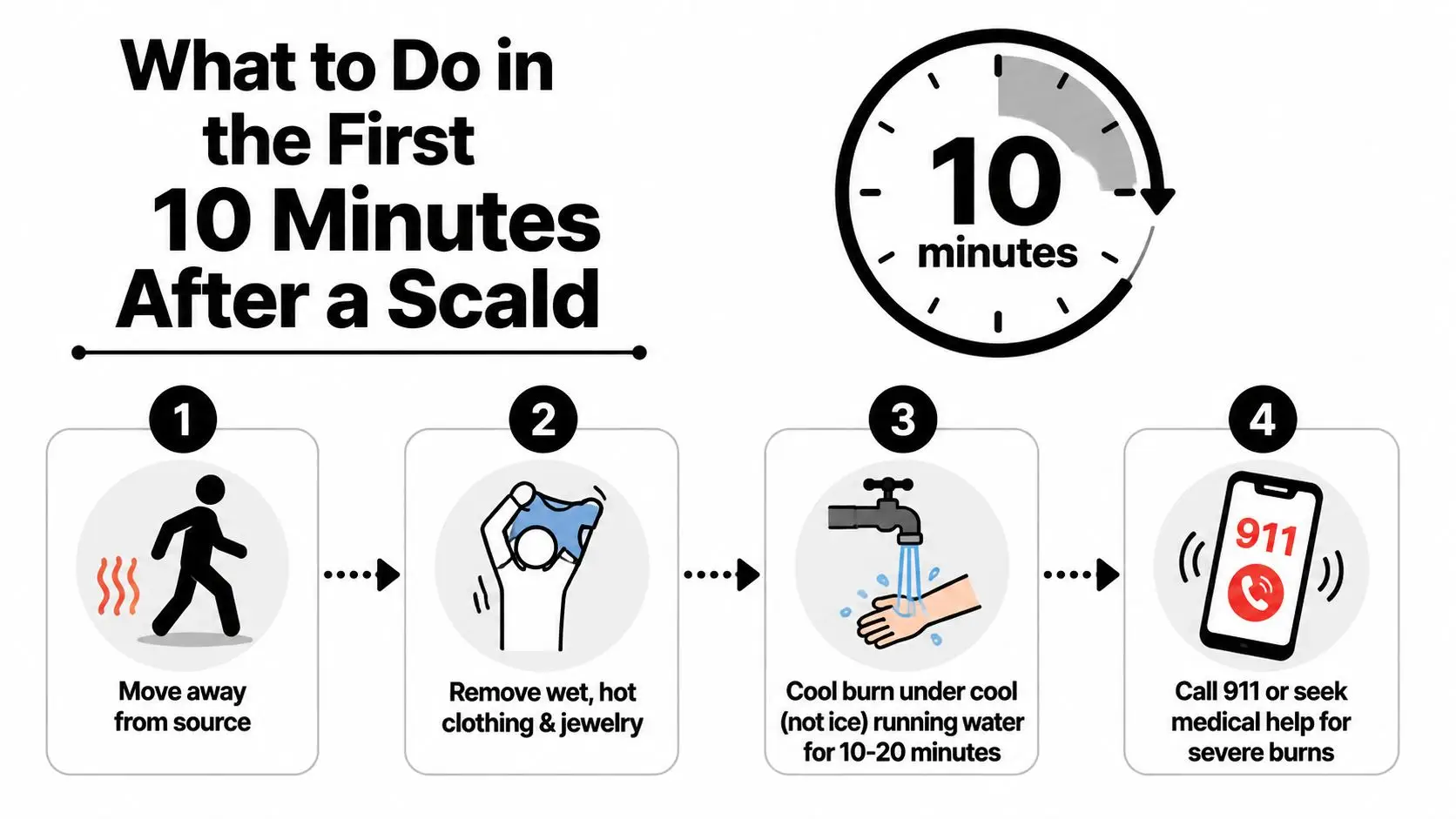 An infographic illustrating four simple steps to treat a scald burn injury within the first ten minutes.