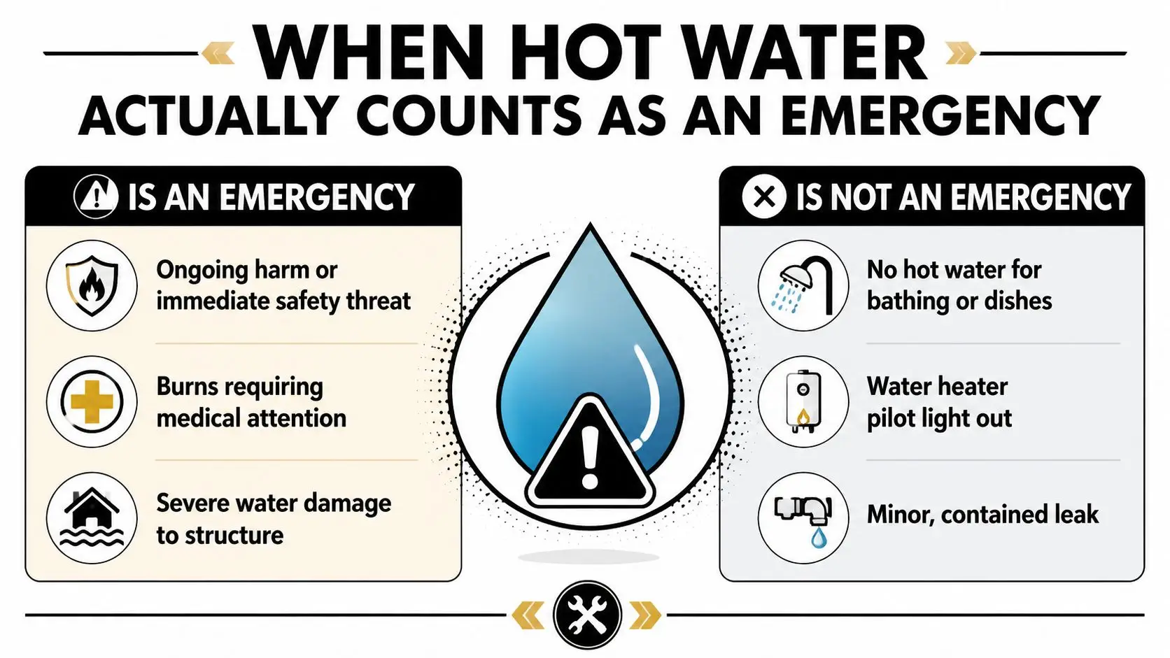 An infographic distinguishing between plumbing situations that count as hot water emergencies and those that do not.