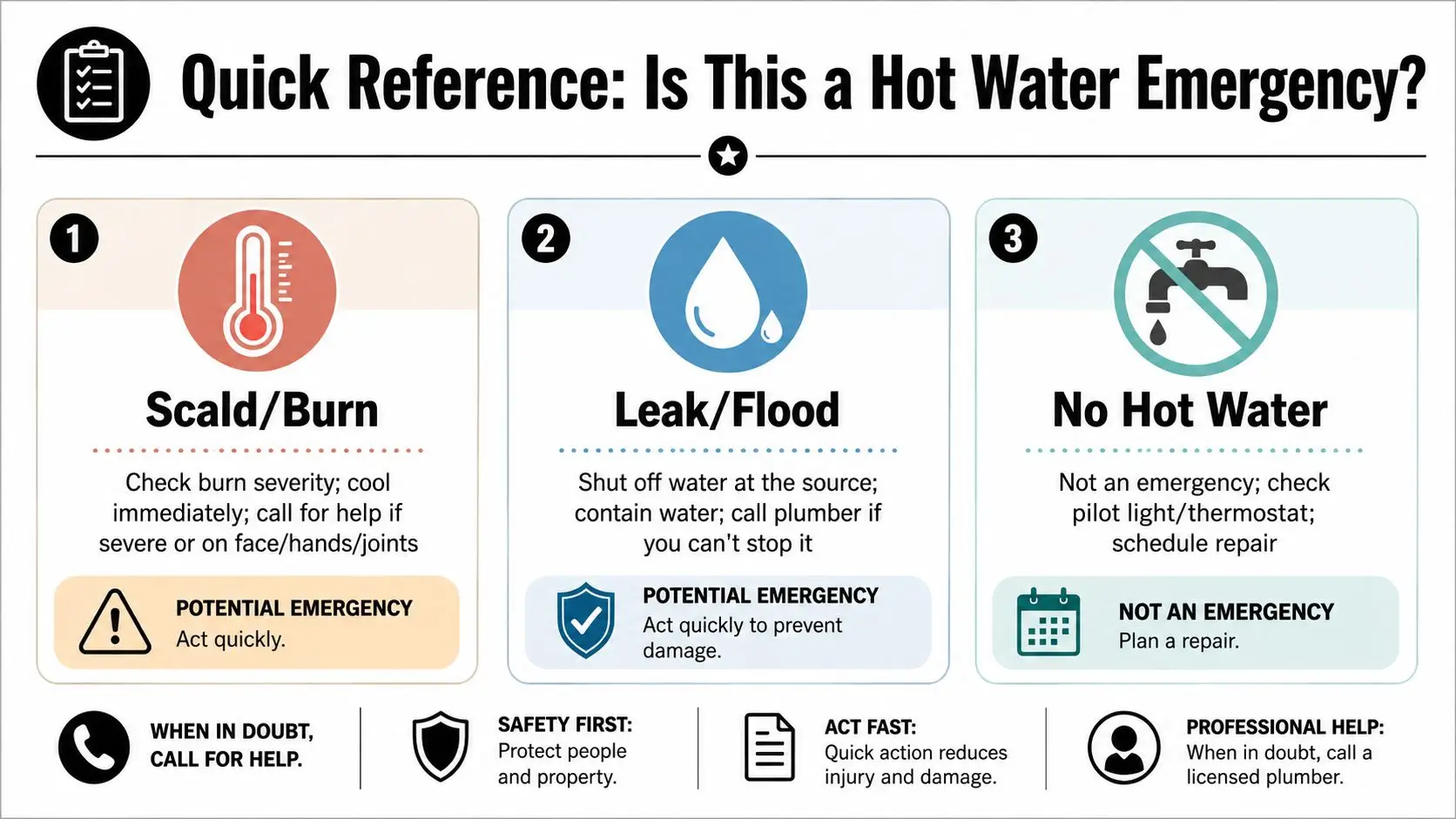 An infographic titled Quick Reference: Is This a Hot Water Emergency? with guidelines for burns, leaks, and repairs.