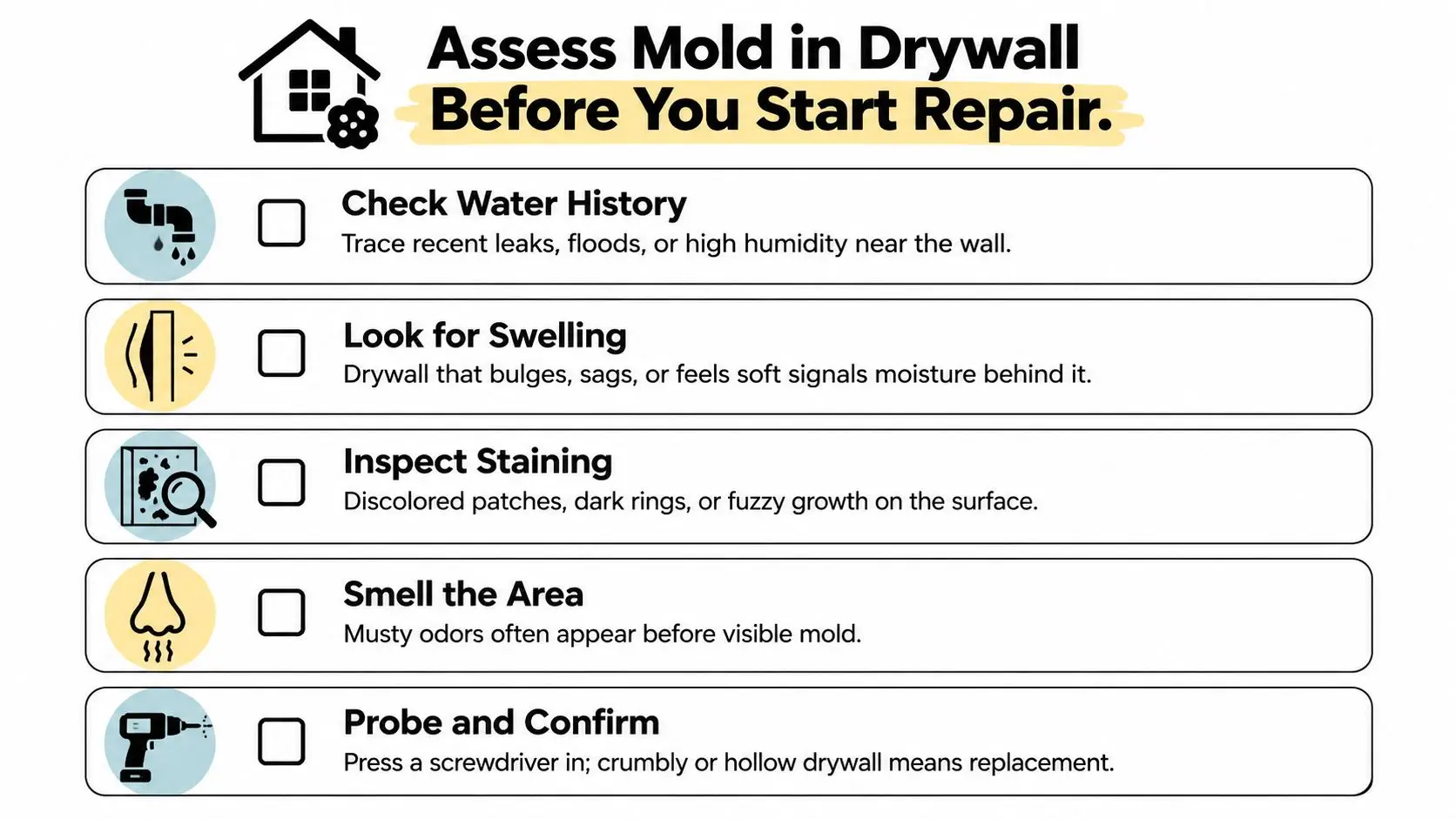 A checklist infographic titled Assess Mold in Drywall Before You Start Repair, featuring five key inspection steps.