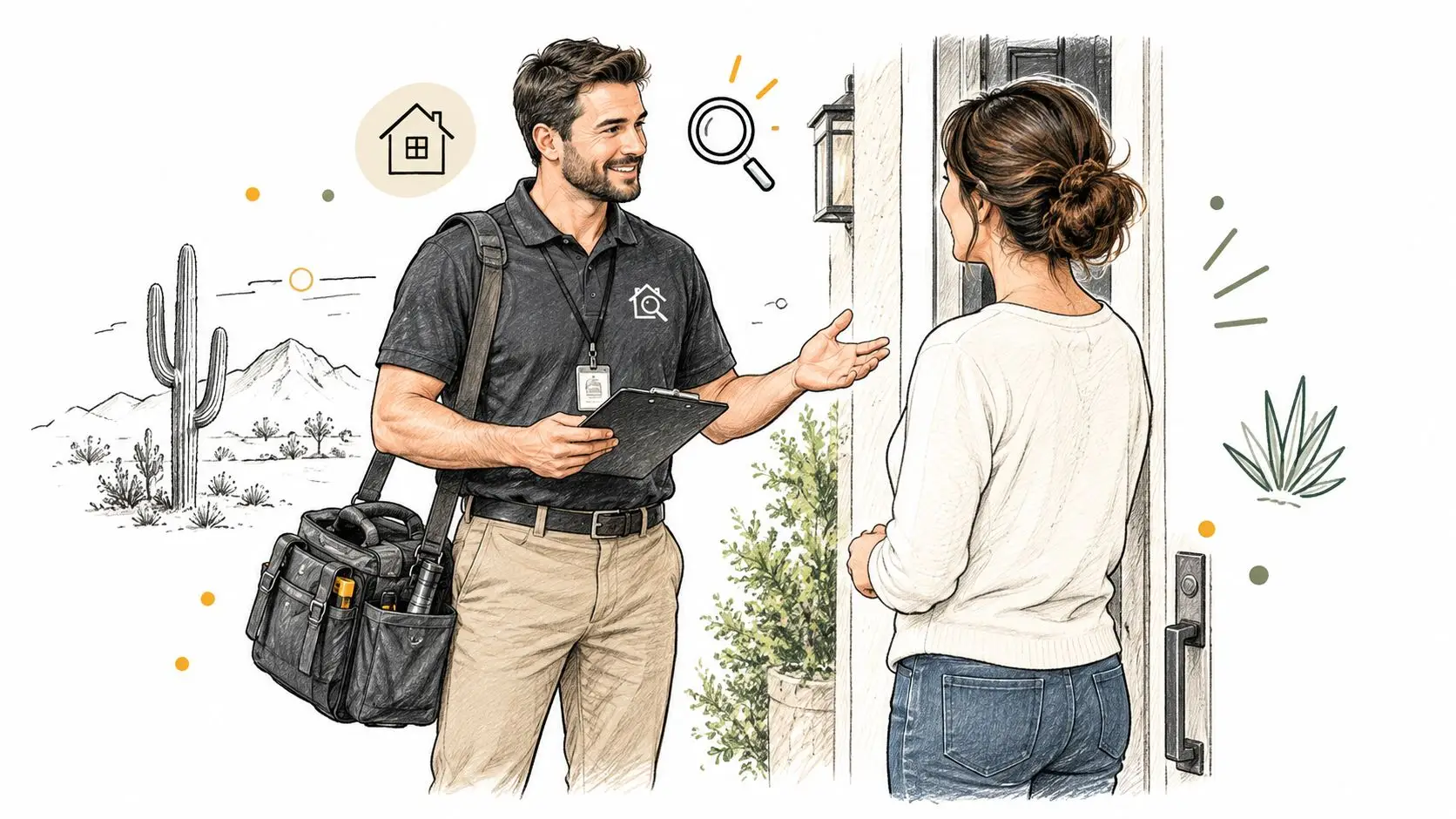 A professional home inspector talking to a homeowner at the front door to discuss property issues.