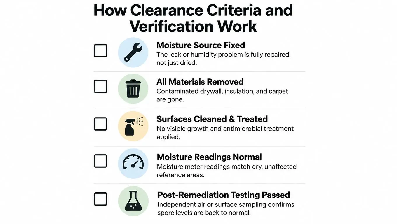 A checklist infographic outlining five essential steps for successful mold remediation and environmental clearance verification.